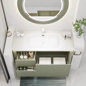 Luxury Smart Bathroom Vanity Set with LED Backlit Mirror – Oak Cabinet with Huge Storage Space