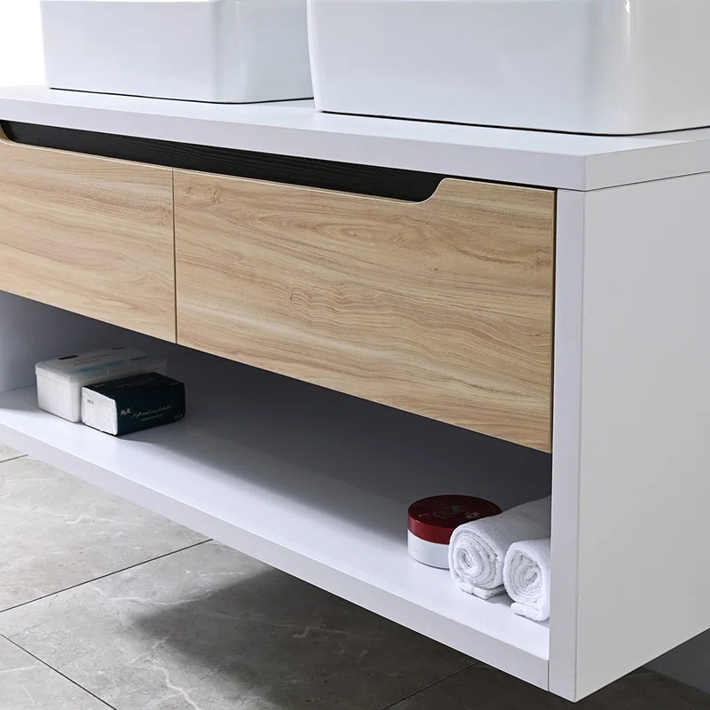 Drawer and Open Storage Minimalist Hotel Wall-Mounted Bathroom Vanity with Double Sinks and Drawers