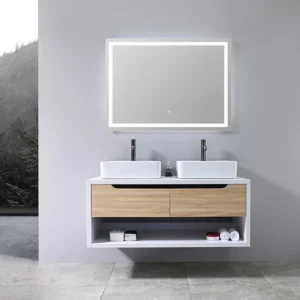 White Top Minimalist Hotel Wall-Mounted Bathroom Vanity with Double Sinks and Drawers