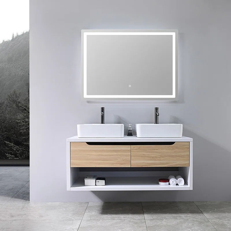 White Top Minimalist Hotel Wall-Mounted Bathroom Vanity with Double Sinks and Drawers