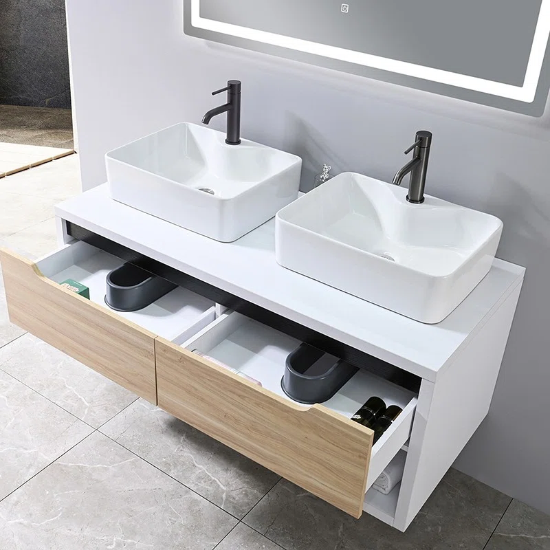 Drawer Inner Display LED Mirror Minimalist Hotel Wall-Mounted Bathroom Vanity with Double Sinks and Drawers