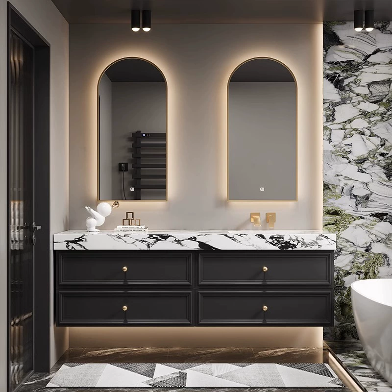 Luxury Wall-Mounted Bathroom Vanity with Rock Slab Basin & Smart Arch LED Mirrors – Premium Black & Marble Design