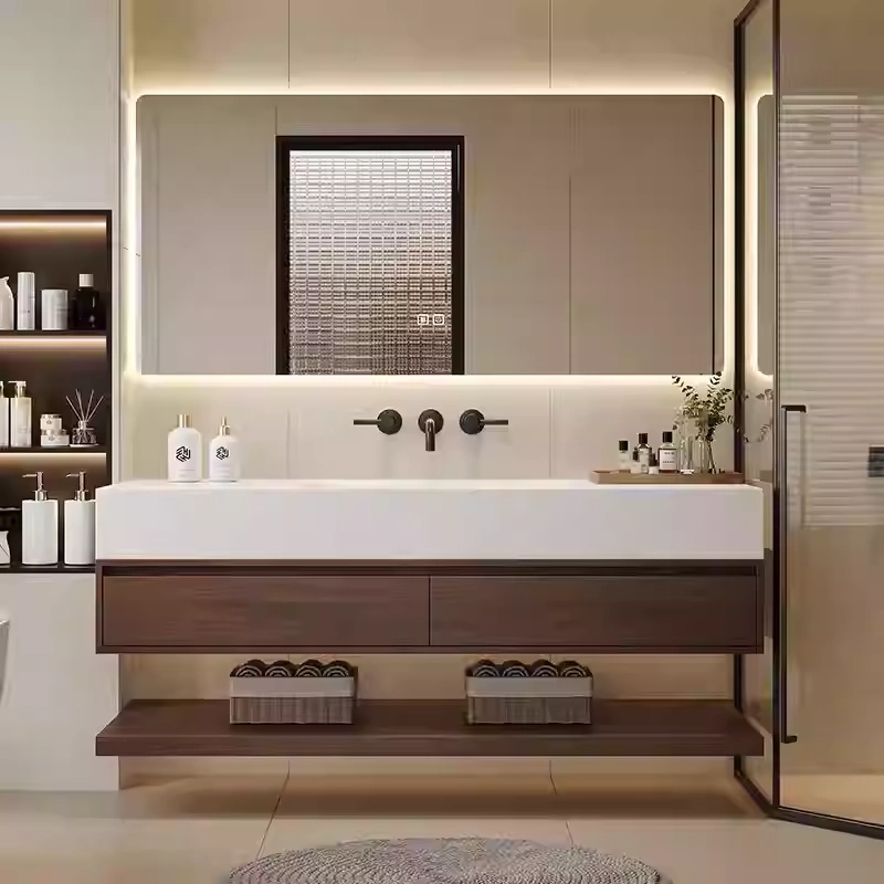 Contemporary Wall-Mounted Bathroom Vanity – Single Sink, LED Mirror, Open Storage