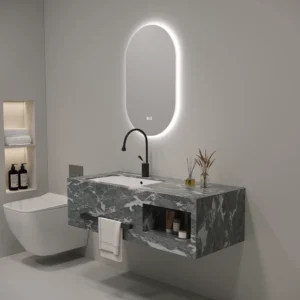 Grey luxury one-piece marble effect ceramic basin with LED mirror – premium modern bathroom vanity set