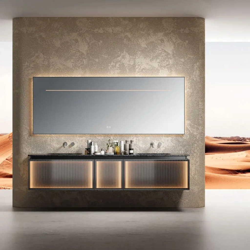 Premium Floating Bathroom Vanity with Illuminated Glass Panels & LED Smart Mirror โ Modern Luxury Black Walnut Collection