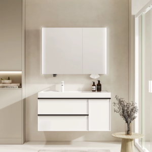 Modern LED Bathroom Vanity Cabinet Set with Ceramic Sink - Wall Mounted Storage Solution with Mirror
