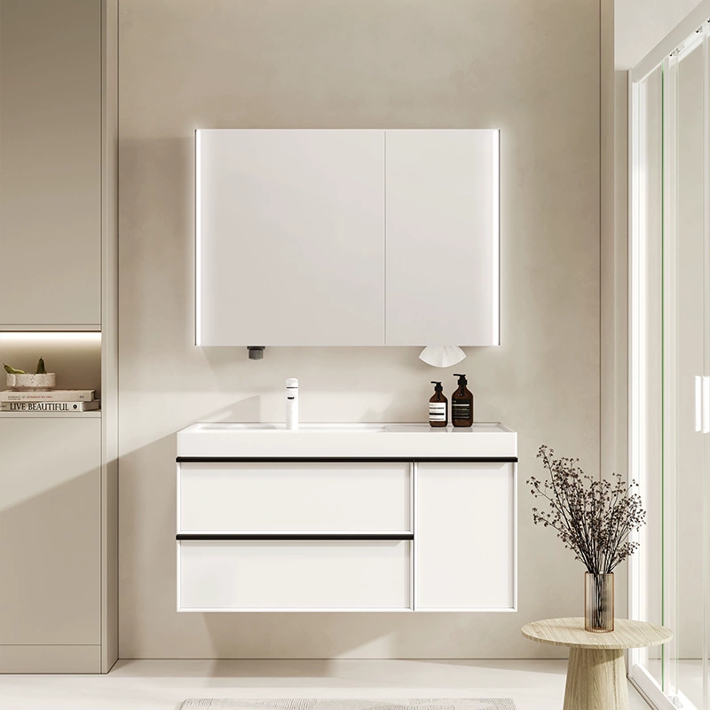 Modern LED Bathroom Vanity Cabinet Set with Ceramic Sink - Wall Mounted Storage Solution with Mirror