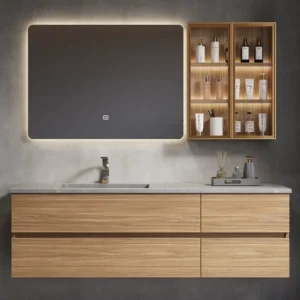 Luxury Smart LED Mirror Bathroom Vanity Set with Rock Slab Integrated Sink – Modern Wall-Mounted Storage Solution