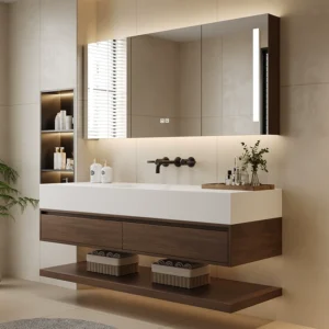 Contemporary Wall-Mounted Bathroom Vanity – Single Sink, LED Mirror, Open Storage