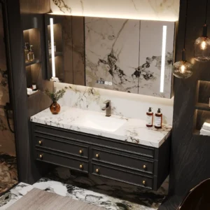 Luxury Wall Mounted Bathroom Vanity with Slate Basin - Premium Black and Marble Design