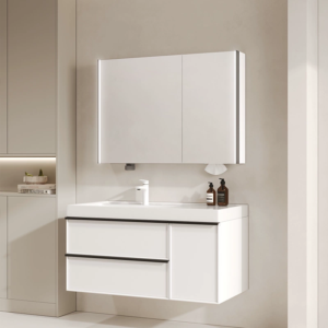 White Modern LED Bathroom Vanity Set with Ceramic Sink - Wall Mounted Storage Solution with Mirror