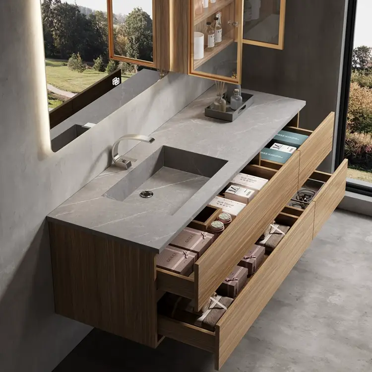 Luxurious smart LED mirrored bathroom vanity set with modern wall-mounted storage solutions Luxurious smart LED mirrored bathroom vanity set with modern wall-mounted storage solutions