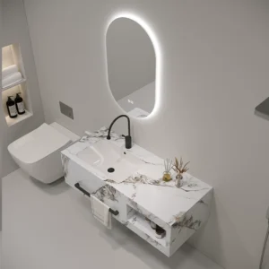 White luxury one-piece marble effect ceramic basin with LED mirror – premium modern bathroom vanity set