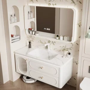 Elegant modern bathroom vanity with integrated high-quality ceramic basin and smart LED mirror