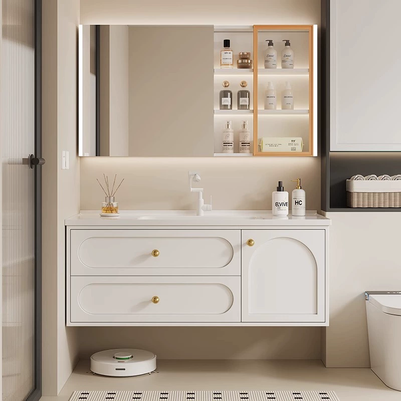 Minimalist wall-mounted bathroom cabinet with ceramic integrated basin, 30 inches, French cabinet doors