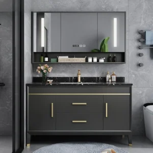 Black Luxury LED Smart Bathroom Vanity Set with Marble Countertop - Modern Oak Cabinet and Ceramic