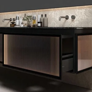 Premium floating bathroom vanity with illuminated glass panel