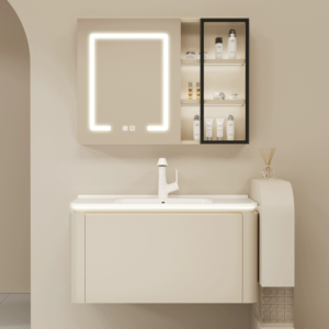 Modern LED Round Mirror Bathroom Vanity Set – E1 Grade Solid Wood with Ceramic Basin IPX4