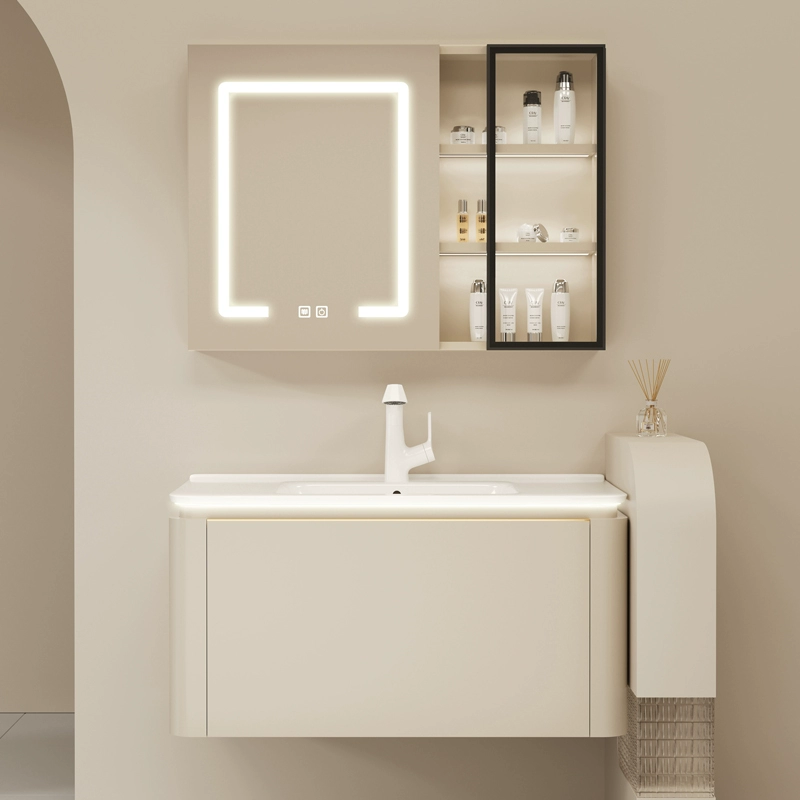 Modern LED Round Mirror Bathroom Vanity Set โ E1 Grade Solid Wood with Ceramic Basin IPX4