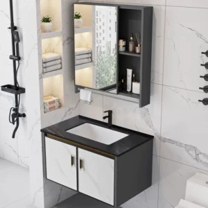 Mirror Cabinet Bathroom Vanity Set with Black Granite Top - 100cm Modern Storage Solution