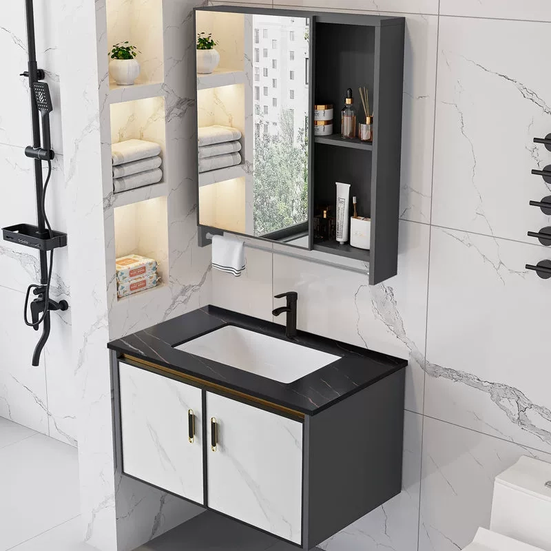 Mirror Cabinet Bathroom Vanity Set with Black Granite Top - 100cm Modern Storage Solution