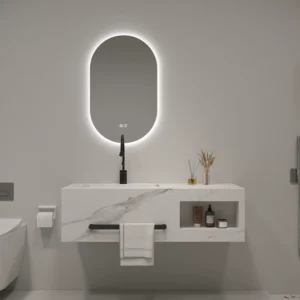 Luxury Integrated Marble-Effect Ceramic Basin with LED Mirror – Premium Modern Bathroom Vanity Set
