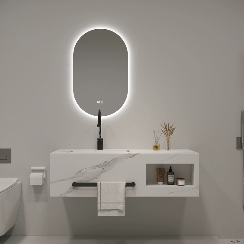 Luxury Integrated Marble-Effect Ceramic Basin with LED Mirror โ Premium Modern Bathroom Vanity Set