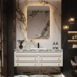 Luxury wall mounted bathroom vanity with slate basin and smart arched LED mirror - Premium white and marble design