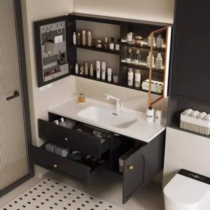 Minimalist wall-mounted bathroom cabinet with ample storage space, ceramic integrated basin, 30 inches, French doors