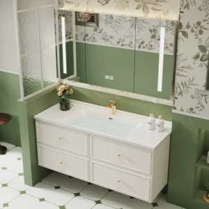 White Luxury Smart Bathroom Vanity Set with LED Backlit Mirror - Ceramic Basin and Oak Cabinet
