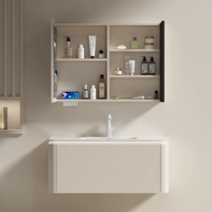 Modern LED Square Mirror Bathroom Vanity Set with Large Storage Space - E1 Grade Solid Wood with Ceramic Basin IPX4