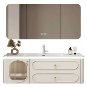 White elegant modern bathroom vanity with integrated ceramic basin and smart LED mirror