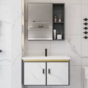 White Mirror Cabinet Bathroom Vanity Set with Black Granite Top – 100cm Modern Storage Solution