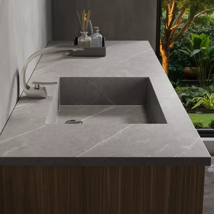 Luxury Smart LED Mirror Bathroom Vanity Set with Slate Integrated Sink Luxury Smart LED Mirror Bathroom Vanity Set with Slate Integrated Sink