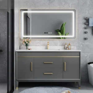 Gray Luxury LED Smart Bathroom Vanity Set with Marble Countertop - Modern Oak Cabinet and Ceramic
