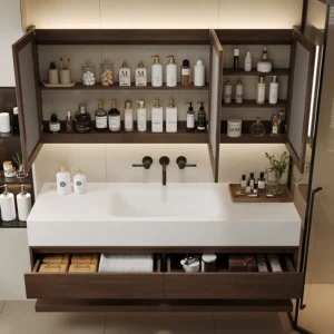 Ample space in a modern wall-mounted bathroom vanity – single sink, LED mirror, open storage