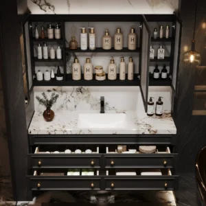 Luxury wall mounted bathroom vanity with extra large storage, featuring a slate basin and smart arched LED mirror - Premium black and marble design