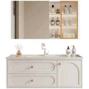 Simple wall-mounted bathroom vanity with white base, ceramic integrated basin, 30 inches, French doors