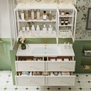 Luxury Smart Bathroom Vanity Set with Extra Large Storage Space and LED Backlit Mirror - Ceramic Basin and Oak Cabinet