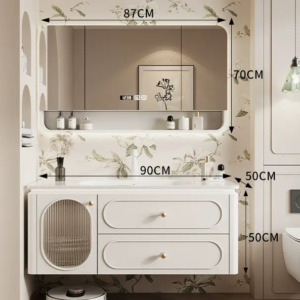 35.4 inches elegant modern bathroom vanity with integrated ceramic basin and smart LED mirror