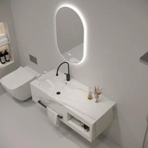 Luxury marble effect countertop with round LED mirror and white slate