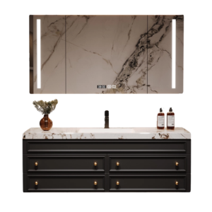 Luxury Wall-Mounted Bathroom Vanity with Rock Slab Basin & Smart Arch LED Mirrors - Premium Black & Marble Design