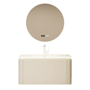 Off-White Modern LED Round Mirror Bathroom Vanity Set with Large Storage Space - E1 Grade Solid Wood with Ceramic Basin IPX4