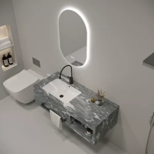 Luxury marble effect countertop with round LED mirror and white grey slate