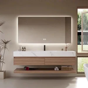 Modern Oak Wall-Mounted Bathroom Vanity – Single Sink, LED Mirror, Open Storage