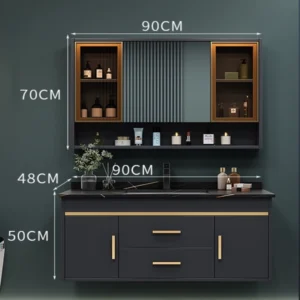 35.4 inches Luxury LED Smart Bathroom Vanity Set with Marble Countertop - Modern Oak Cabinet and Ceramic