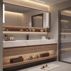 Ample space for a modern wall mounted bathroom vanity in natural color – single sink, LED mirror, open storage