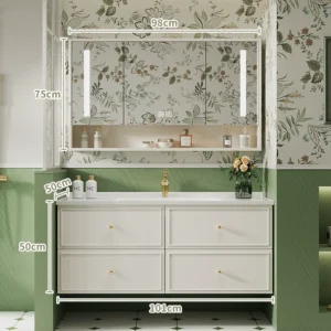 39.4 inches Luxury Smart Bathroom Vanity Set with LED Backlit Mirror - Ceramic Basin and Oak Cabinet