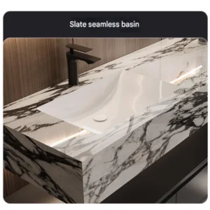 Modern wall-mounted bathroom vanity – countertop with single sink, LED mirror, open storage