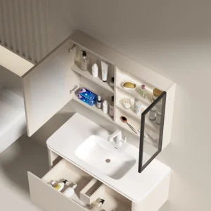 Modern LED Square Mirror Bathroom Vanity Set with Large Storage Space - E1 Grade Solid Wood with Ceramic Basin IPX4